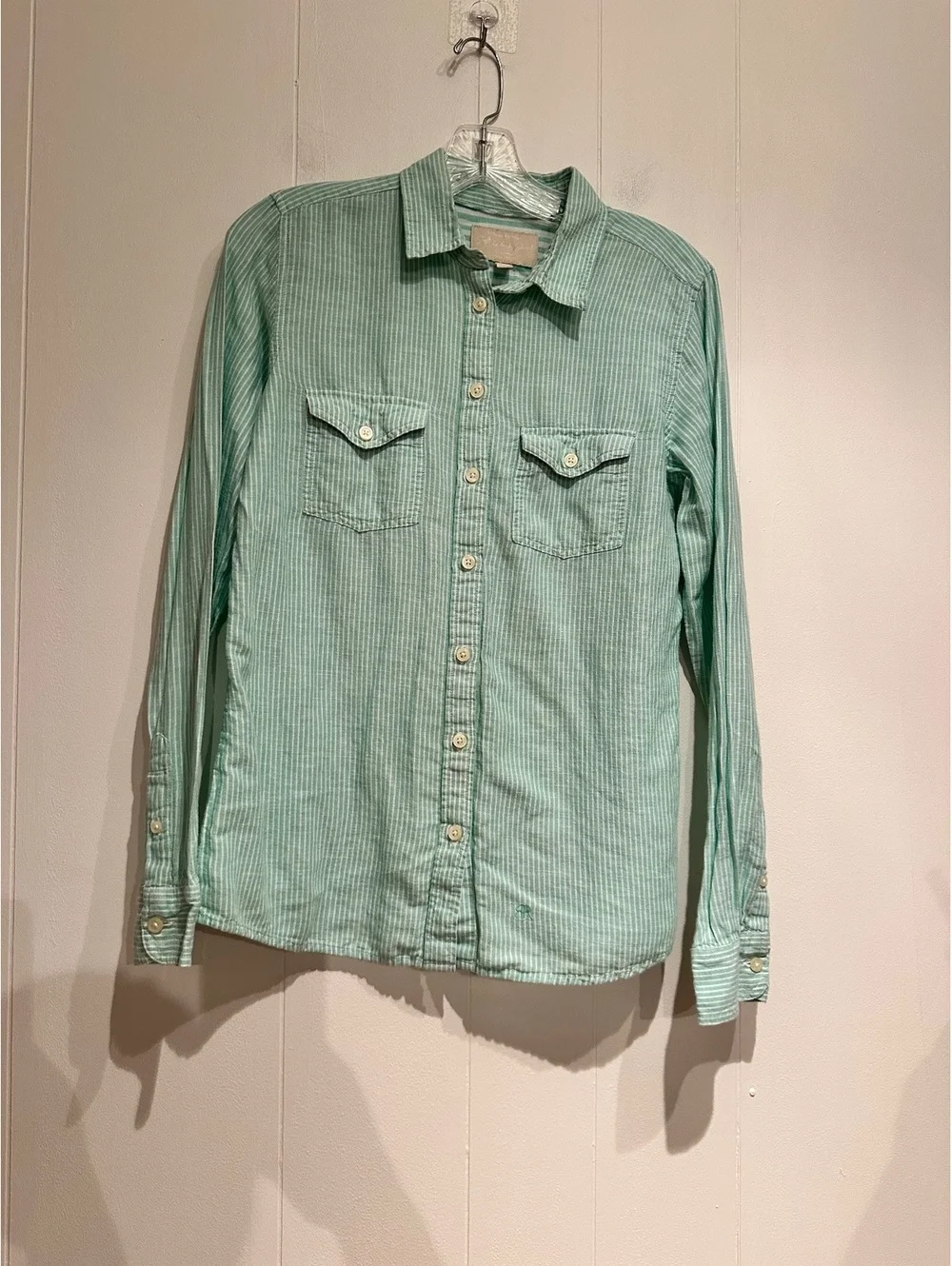 Banana Republic Sea Salt Washed Linen Cotton Shirt in Light Green Stripe, Size M